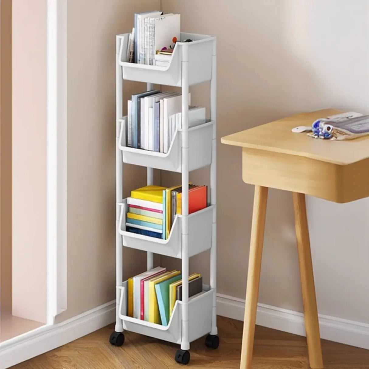 Casual White Polymer Vertical Rolling Storage Bookshelf Image - 16