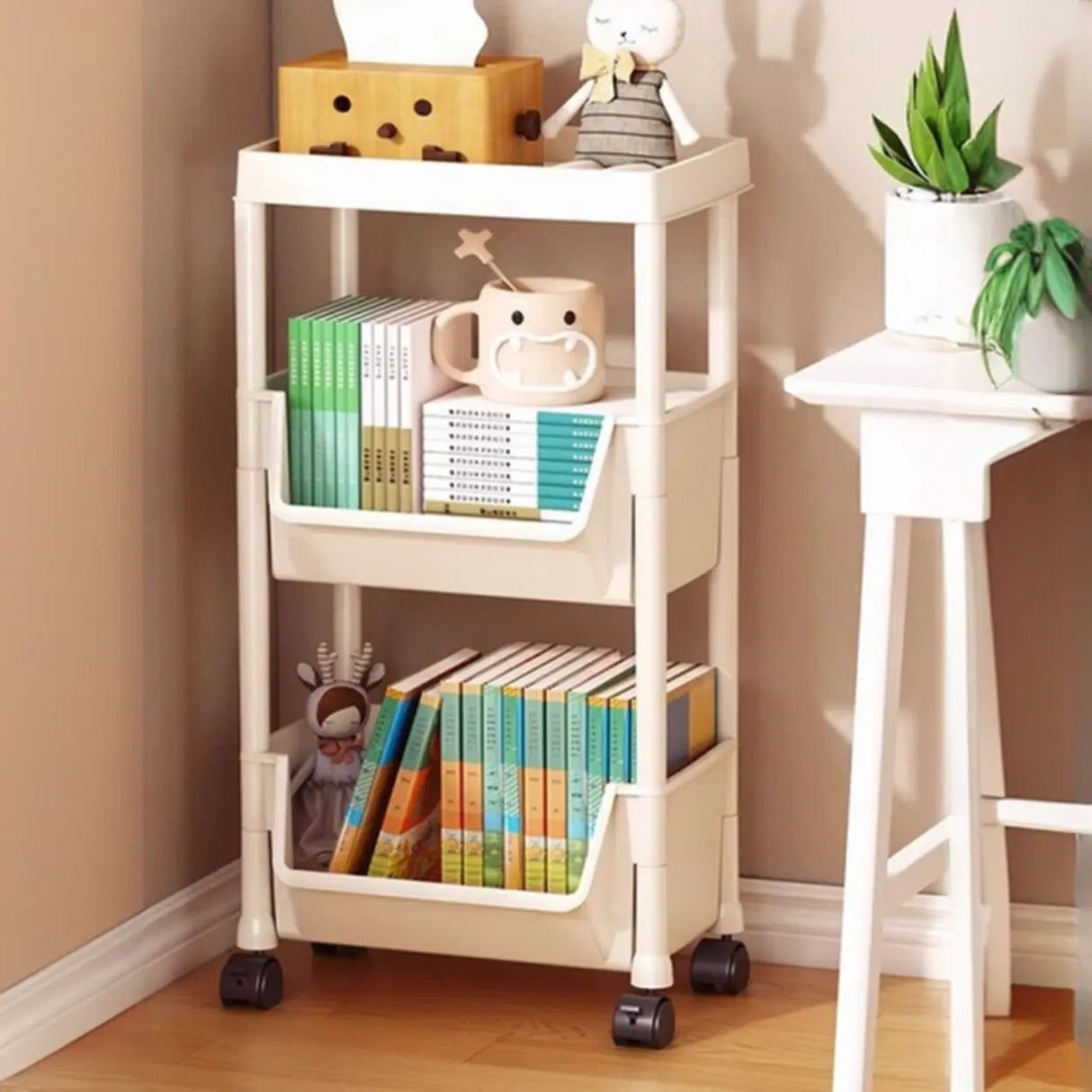 Casual White Polymer Vertical Rolling Storage Bookshelf Image - 3
