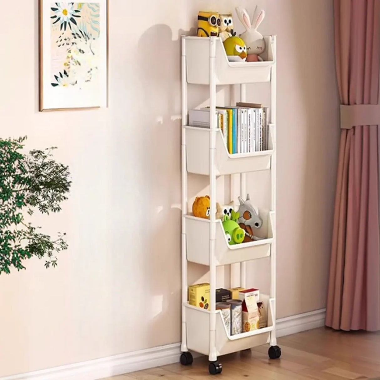 Casual White Polymer Vertical Rolling Storage Bookshelf Image - 4