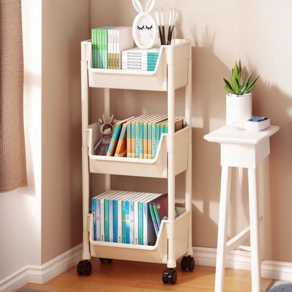 Casual White Polymer Vertical Rolling Storage Bookshelf Image - 5