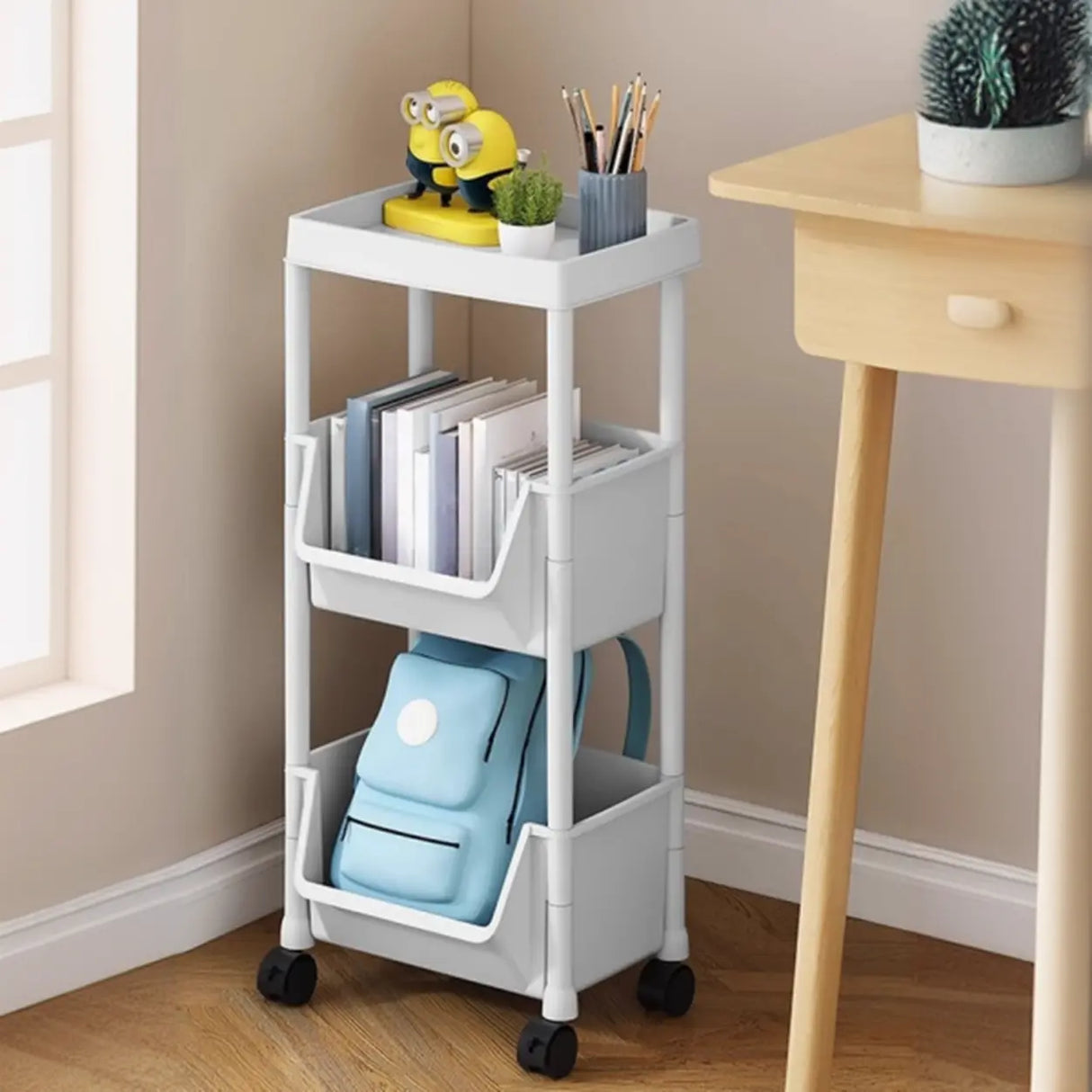 Casual White Polymer Vertical Rolling Storage Bookshelf Image - 8