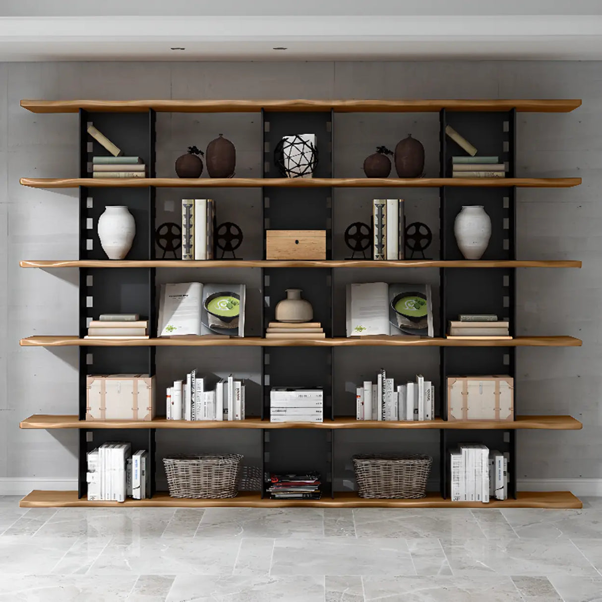 Causal Open Back Metal Frame Wooden Display Bookshelf Image - 3