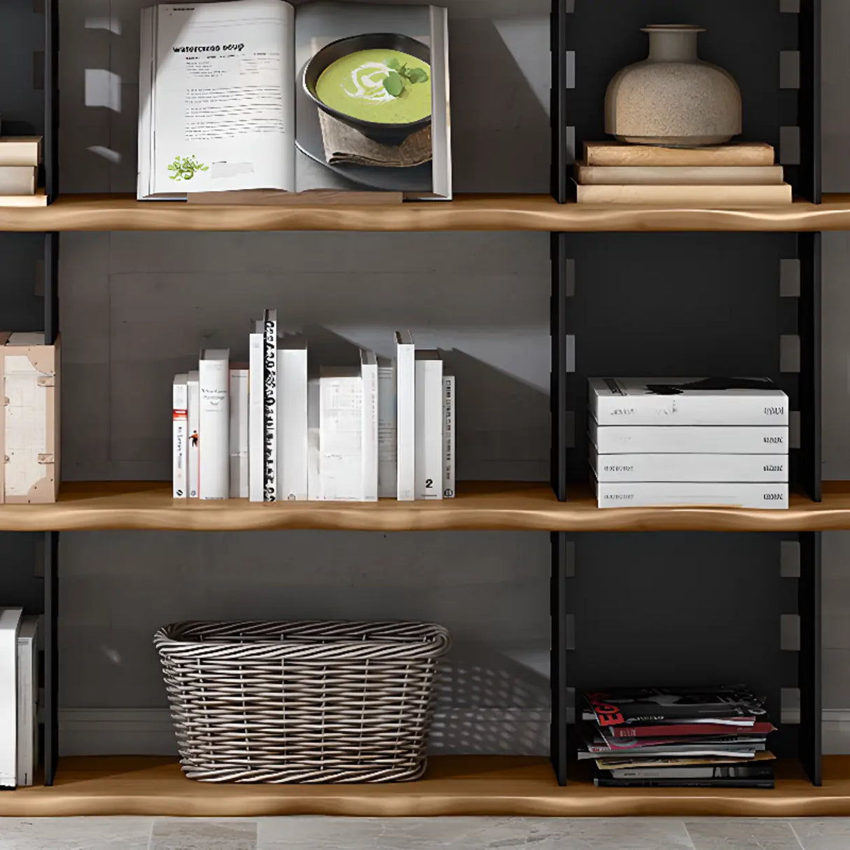 Causal Open Back Metal Frame Wooden Display Bookshelf Image - 8