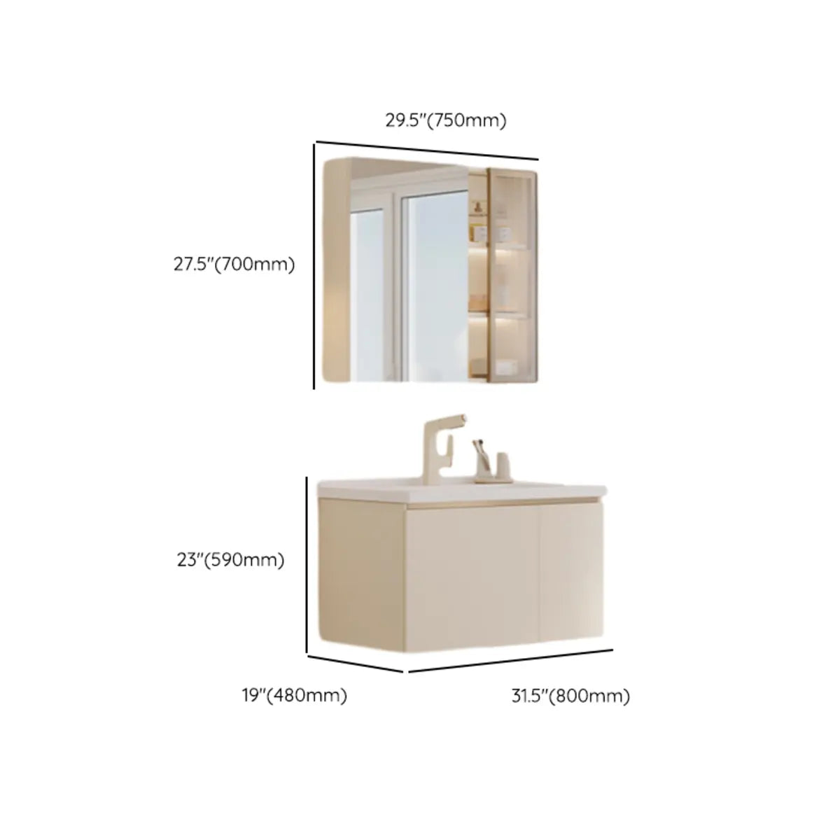 Ceramic Countertop Ivory Wood Wall Mounted Bathroom Vanity 