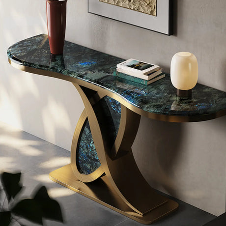 Cerulean and Brass Curved Marble Decorative Console Table Image - 1