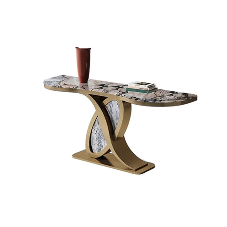 Cerulean and Brass Curved Marble Decorative Console Table Image - 2