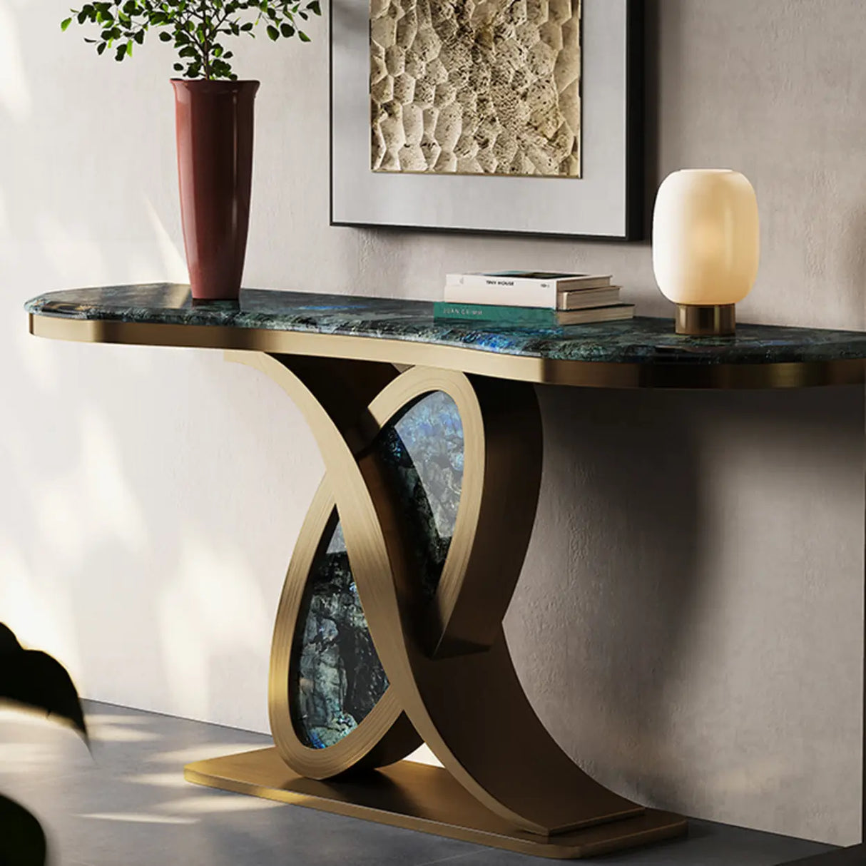 Cerulean and Brass Curved Marble Decorative Console Table Image - 4