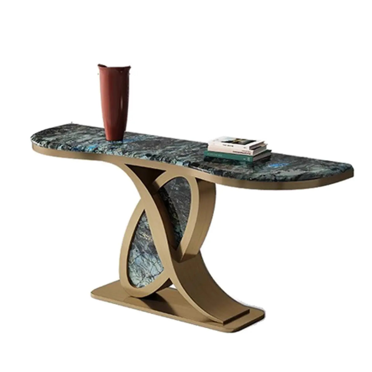 Cerulean and Brass Curved Marble Decorative Console Table Image - 5