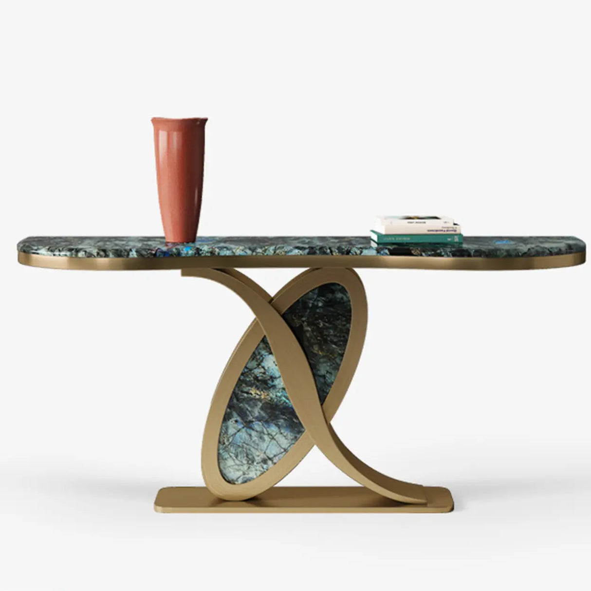 Cerulean and Brass Curved Marble Decorative Console Table Image - 6