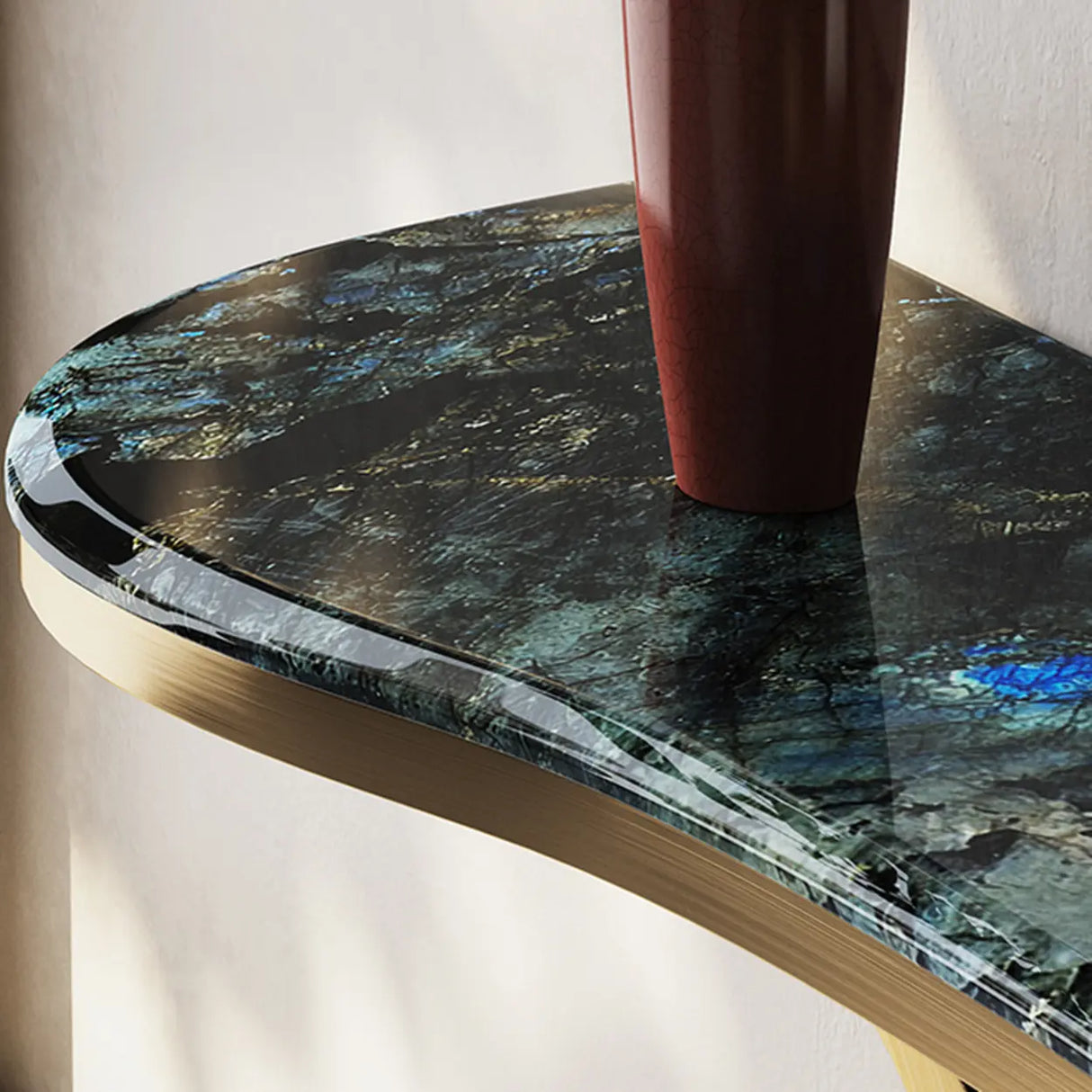 Cerulean and Brass Curved Marble Decorative Console Table Image - 7