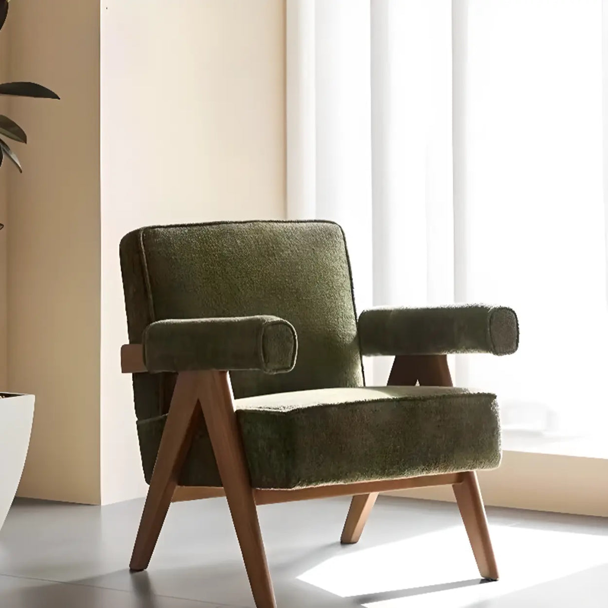 Chenille Fabric Fixed Back Oak Wood Frame Accent Chair Image - 7