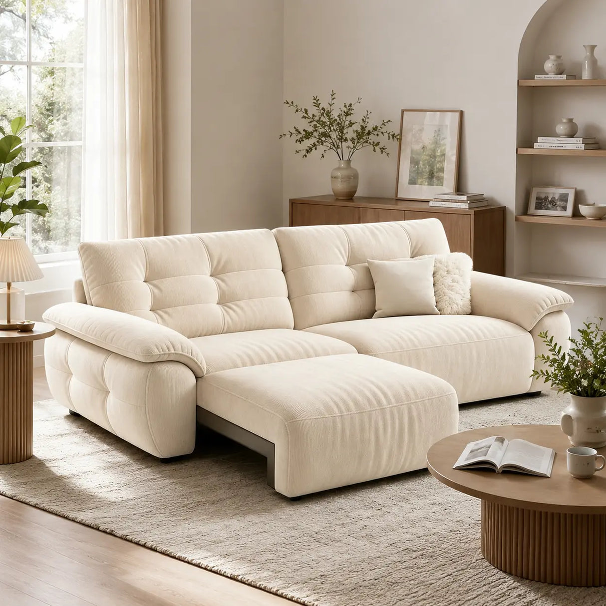 Chenille Power Sofa Bed with Extendable Sliding Chaise Image - 3