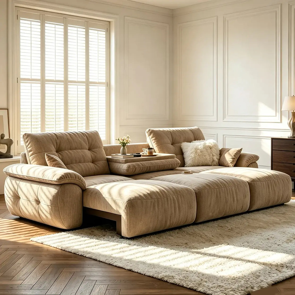 Chenille Power Sofa Bed with Extendable Sliding Chaise Image - 5
