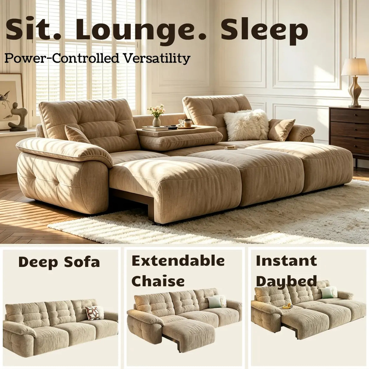Chenille Power Sofa Bed with Extendable Sliding Chaise Image - 7