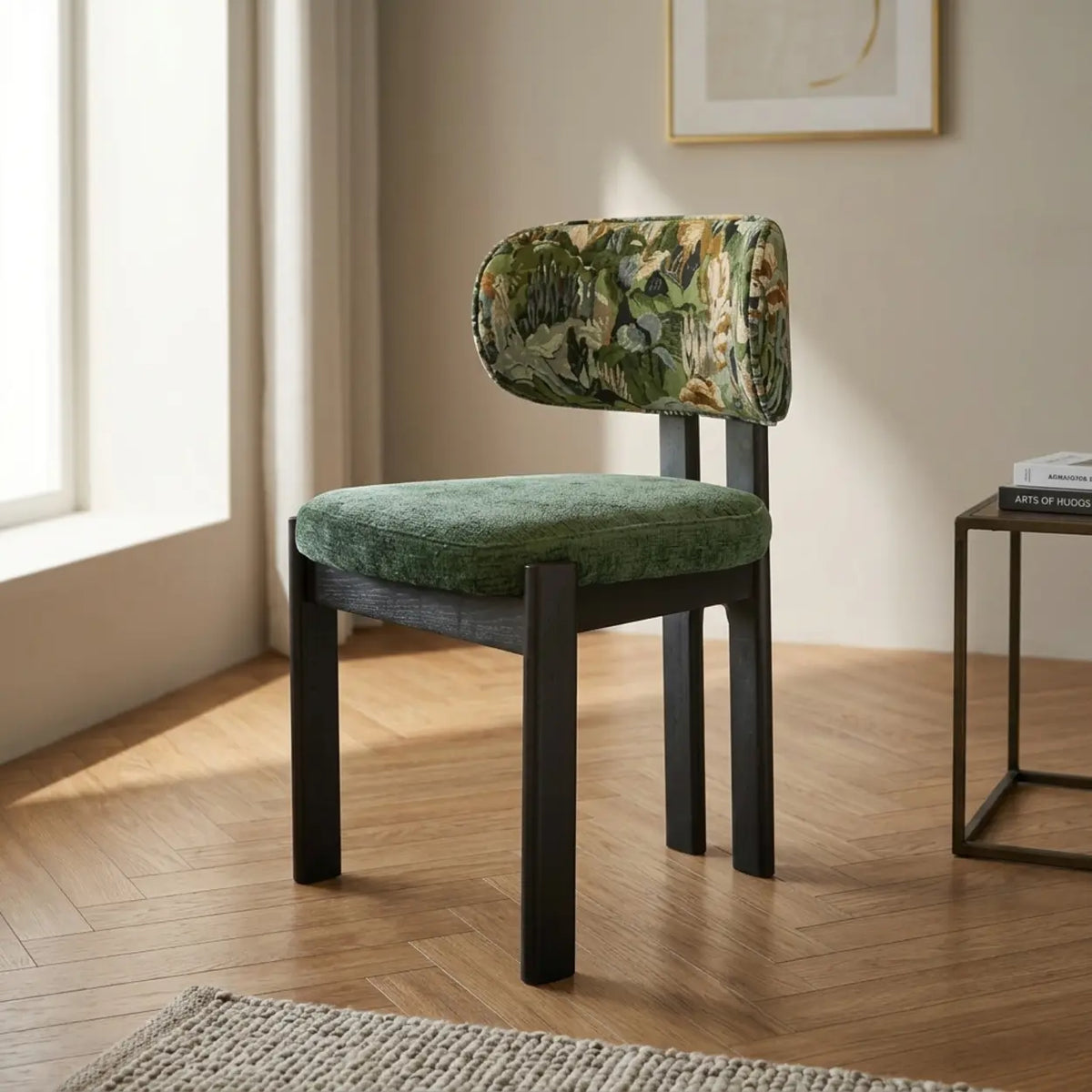 Green Black 2 Piece Set Chenille Upholstered Dining Chair Set of 2 Curved Back Chair Image - 12