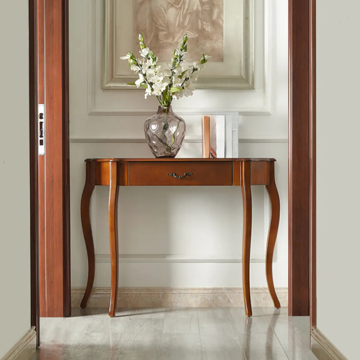 Cherry Finish Curved Wood Console Table with Drawer Image - 1