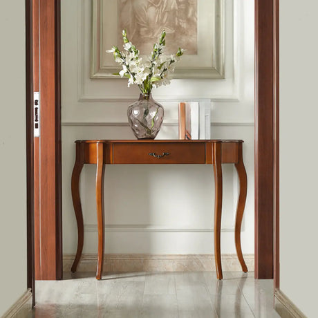 Cherry Finish Curved Wood Console Table with Drawer Image - 1
