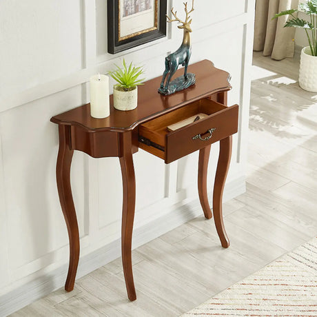 Cherry Finish Curved Wood Console Table with Drawer Image - 2