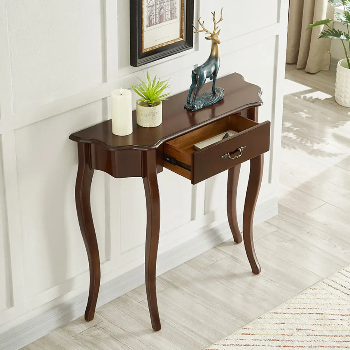 Cherry Finish Curved Wood Console Table with Drawer Image - 3