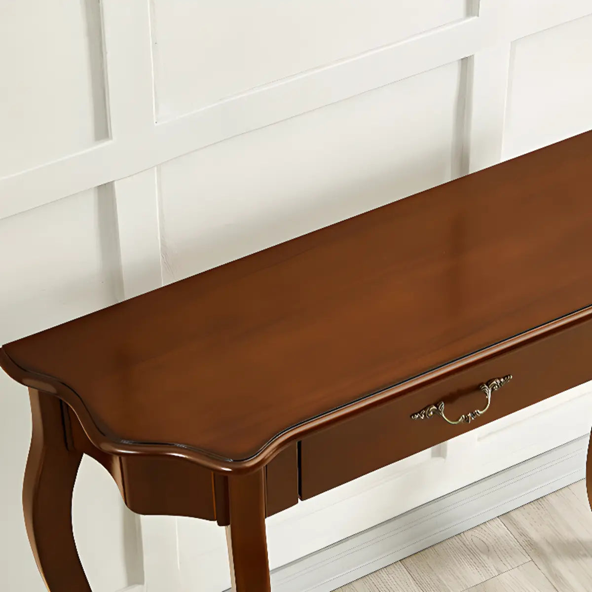 Cherry Finish Curved Wood Console Table with Drawer Image - 5