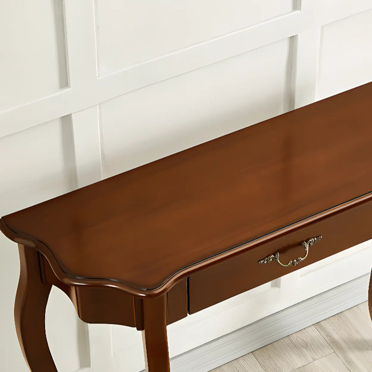 Cherry Finish Curved Wood Console Table with Drawer Image - 5