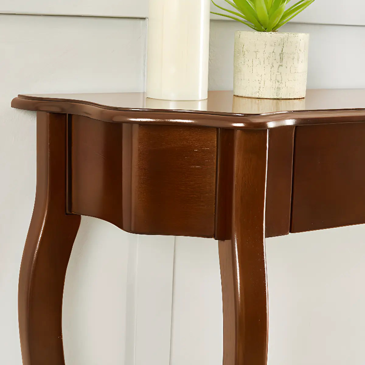 Cherry Finish Curved Wood Console Table with Drawer Image - 6