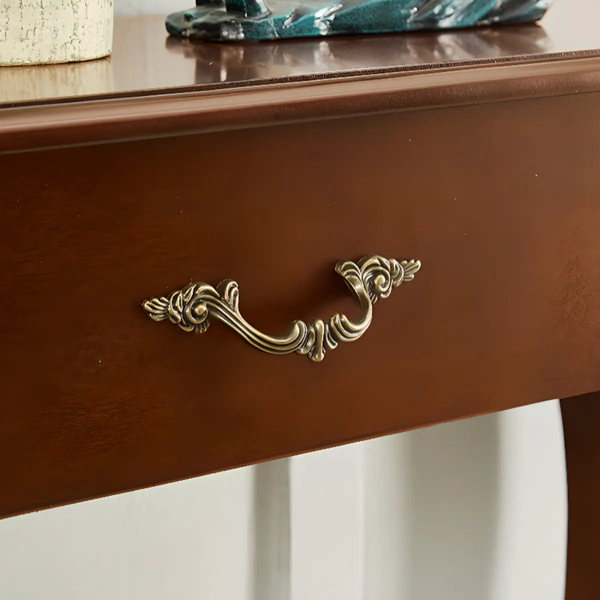 Cherry Finish Curved Wood Console Table with Drawer Image - 7