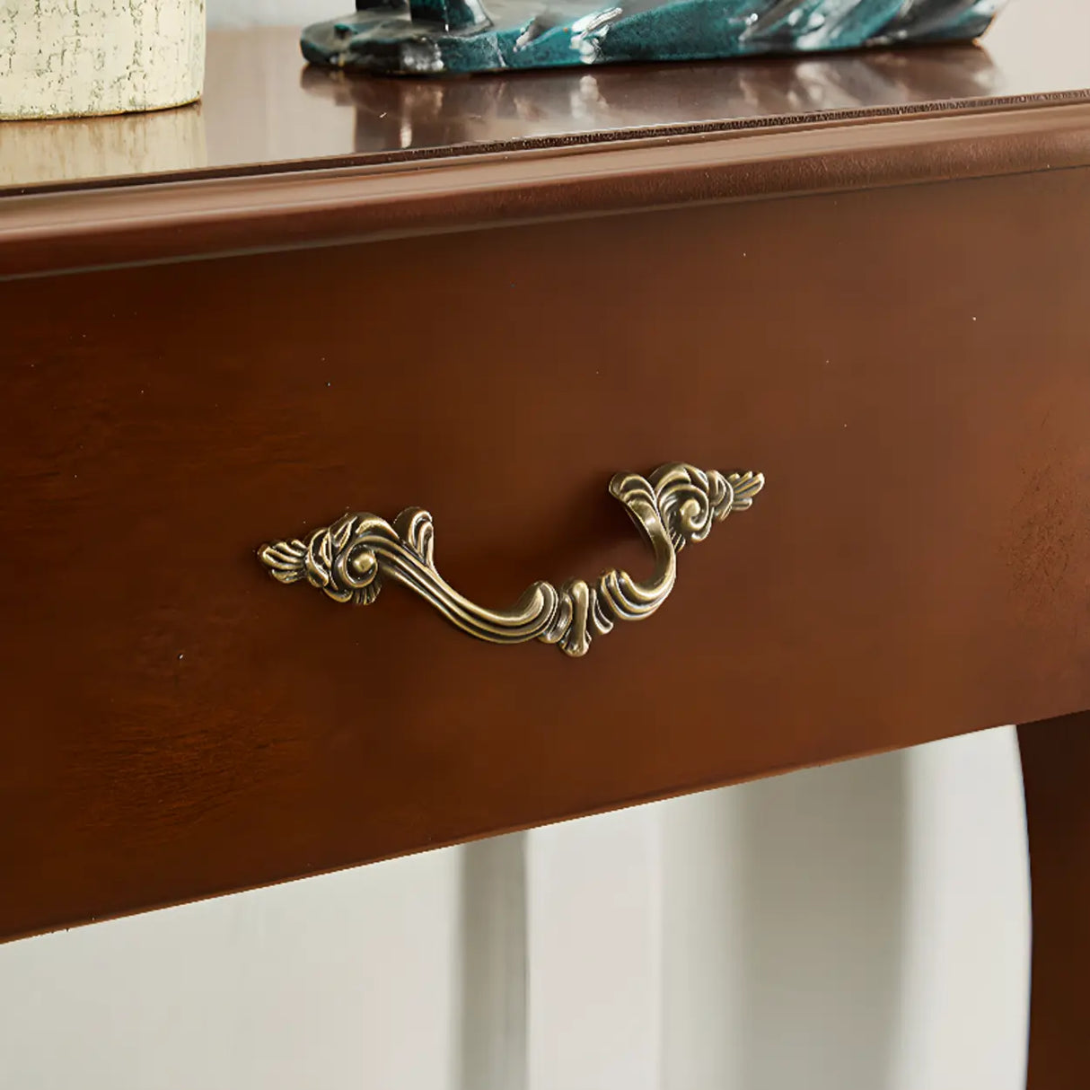 Cherry Finish Curved Wood Console Table with Drawer Image - 7