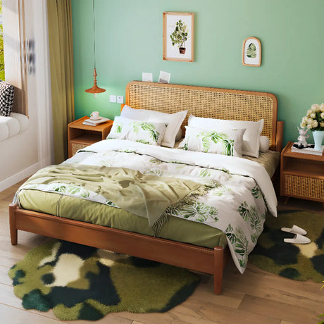Cherry Wood Queen Rectangular Rattan Headboard Bed Image - 1