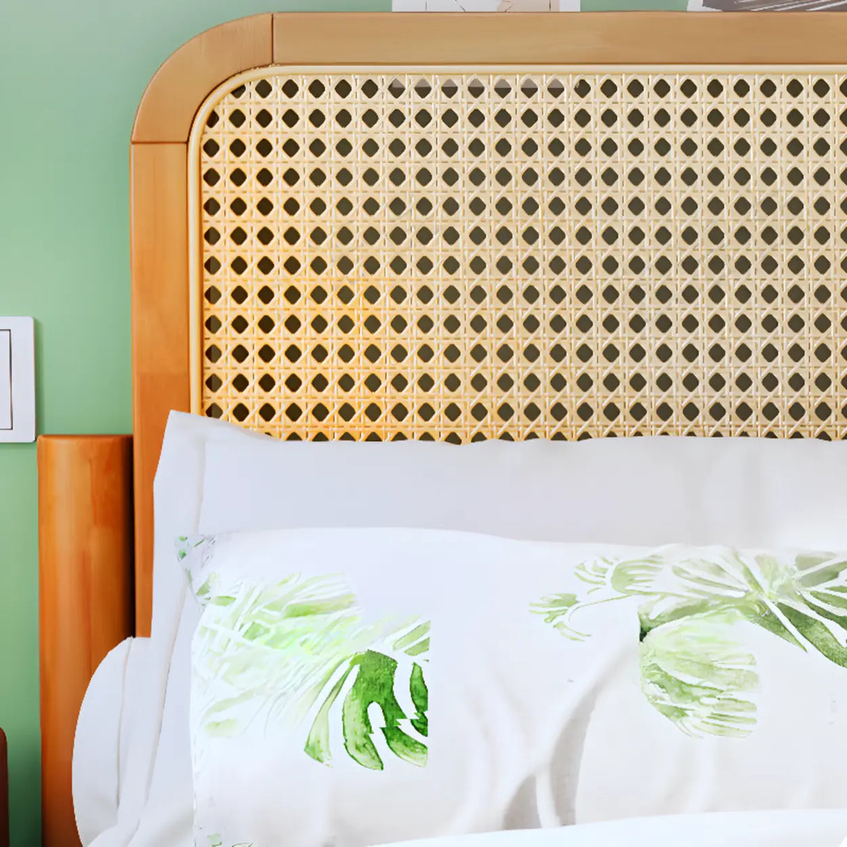 Cherry Wood Queen Rectangular Rattan Headboard Bed Image - 10
