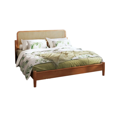 Cherry Wood Queen Rectangular Rattan Headboard Bed Image - 2