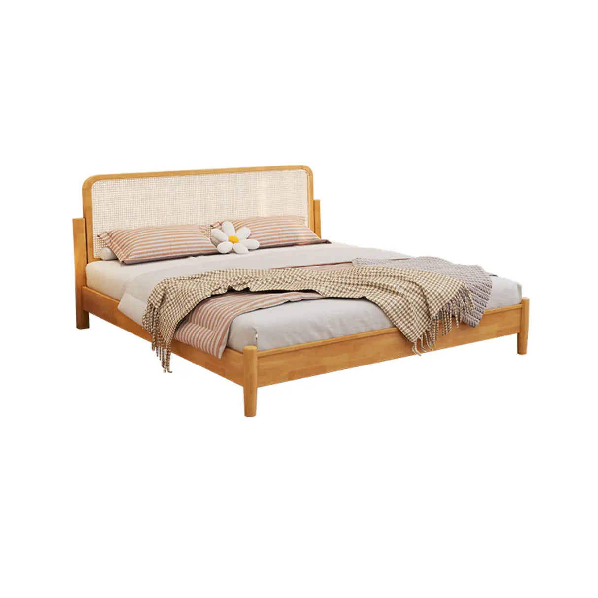 Cherry Wood Queen Rectangular Rattan Headboard Bed Image - 3