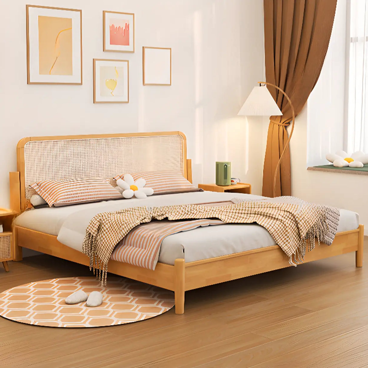 Cherry Wood Queen Rectangular Rattan Headboard Bed Image - 4