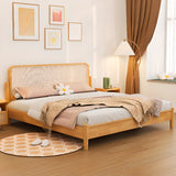 Cherry Wood Queen Rectangular Rattan Headboard Bed Image - 4