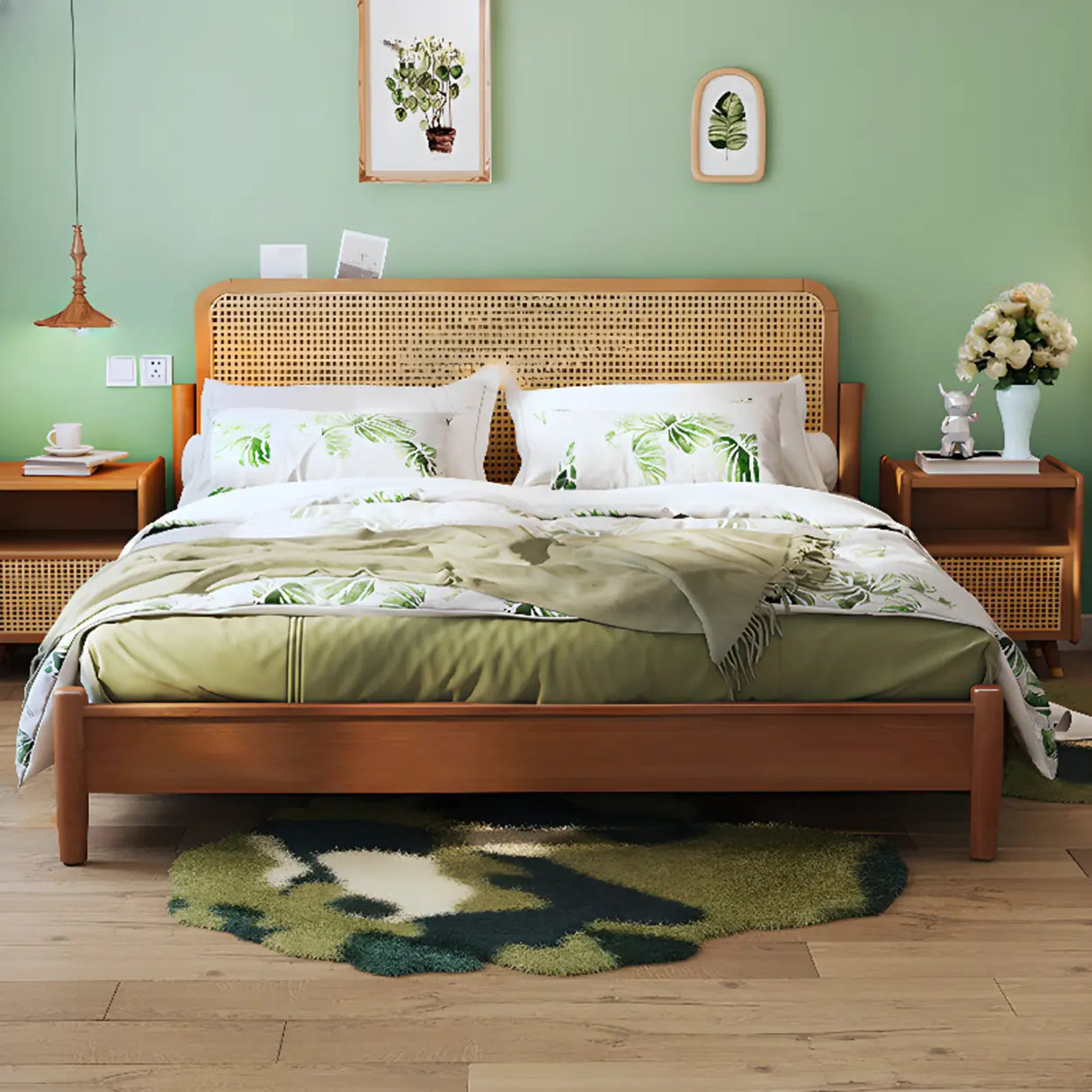 Cherry Wood Queen Rectangular Rattan Headboard Bed Image - 5
