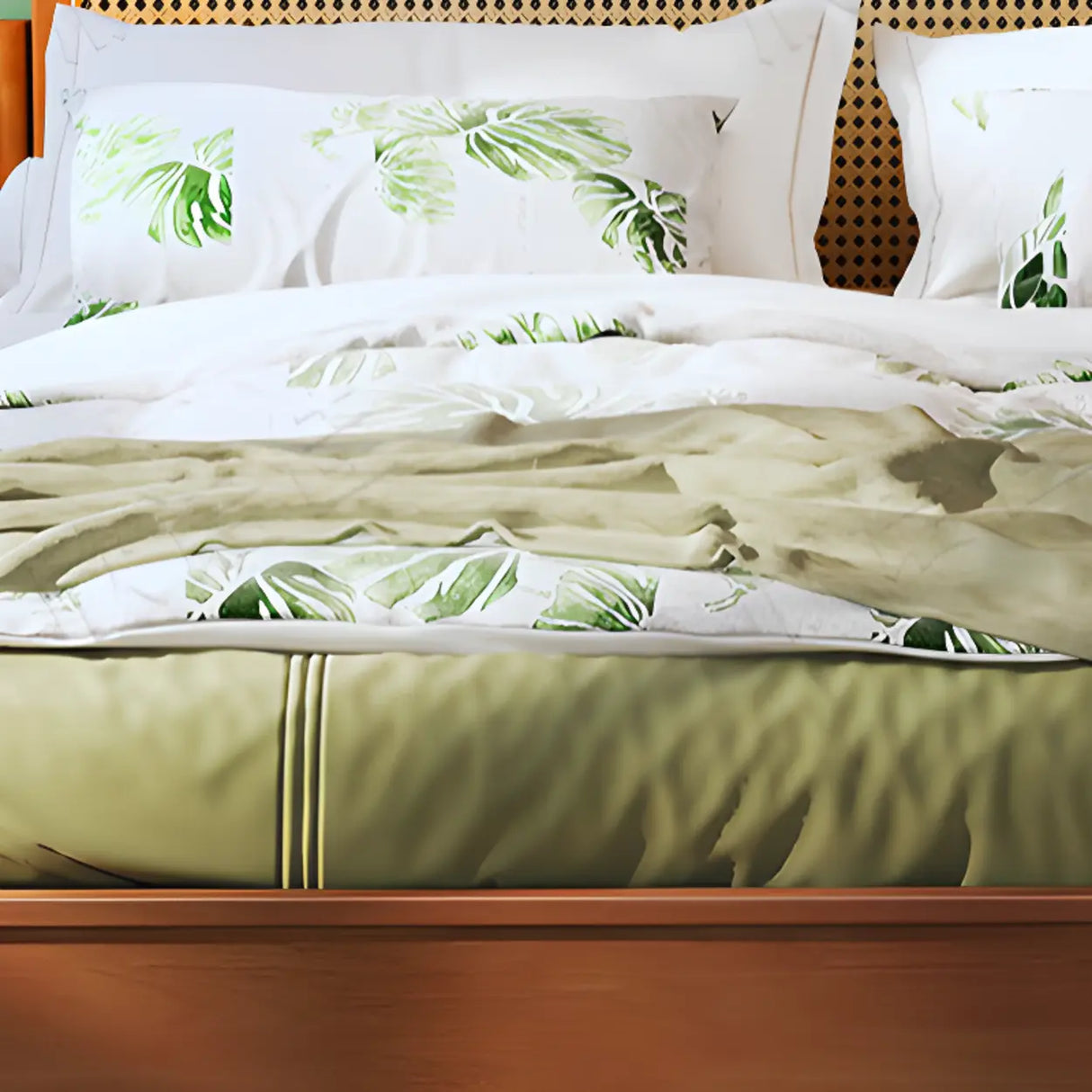 Cherry Wood Queen Rectangular Rattan Headboard Bed Image - 6