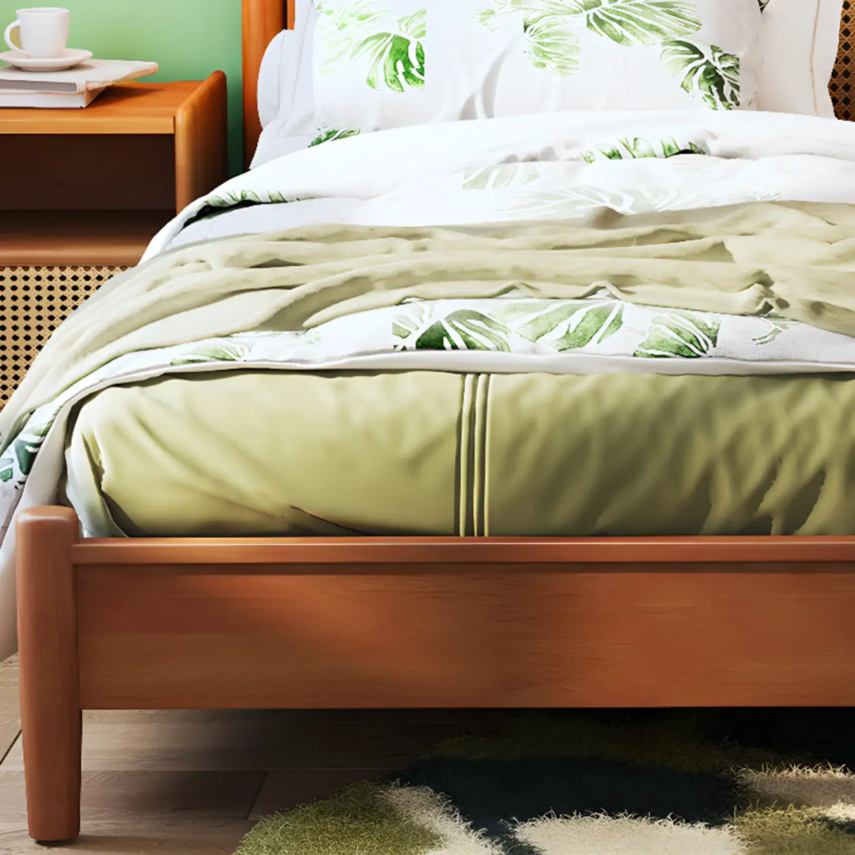 Cherry Wood Queen Rectangular Rattan Headboard Bed Image - 7