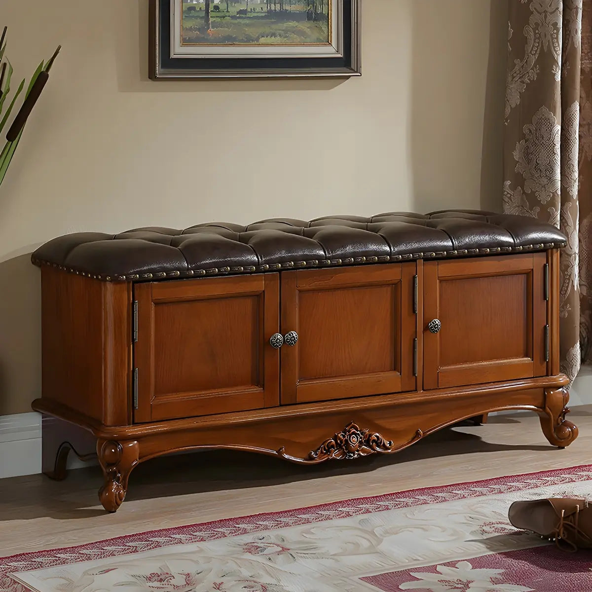 Cherry Wood Tufted Entryway Bench with Cabinets Image - 10