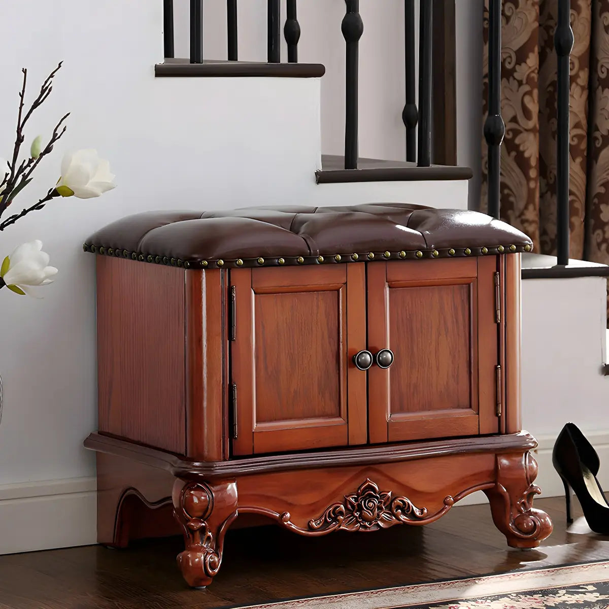 Cherry Wood Tufted Entryway Bench with Cabinets Image - 12