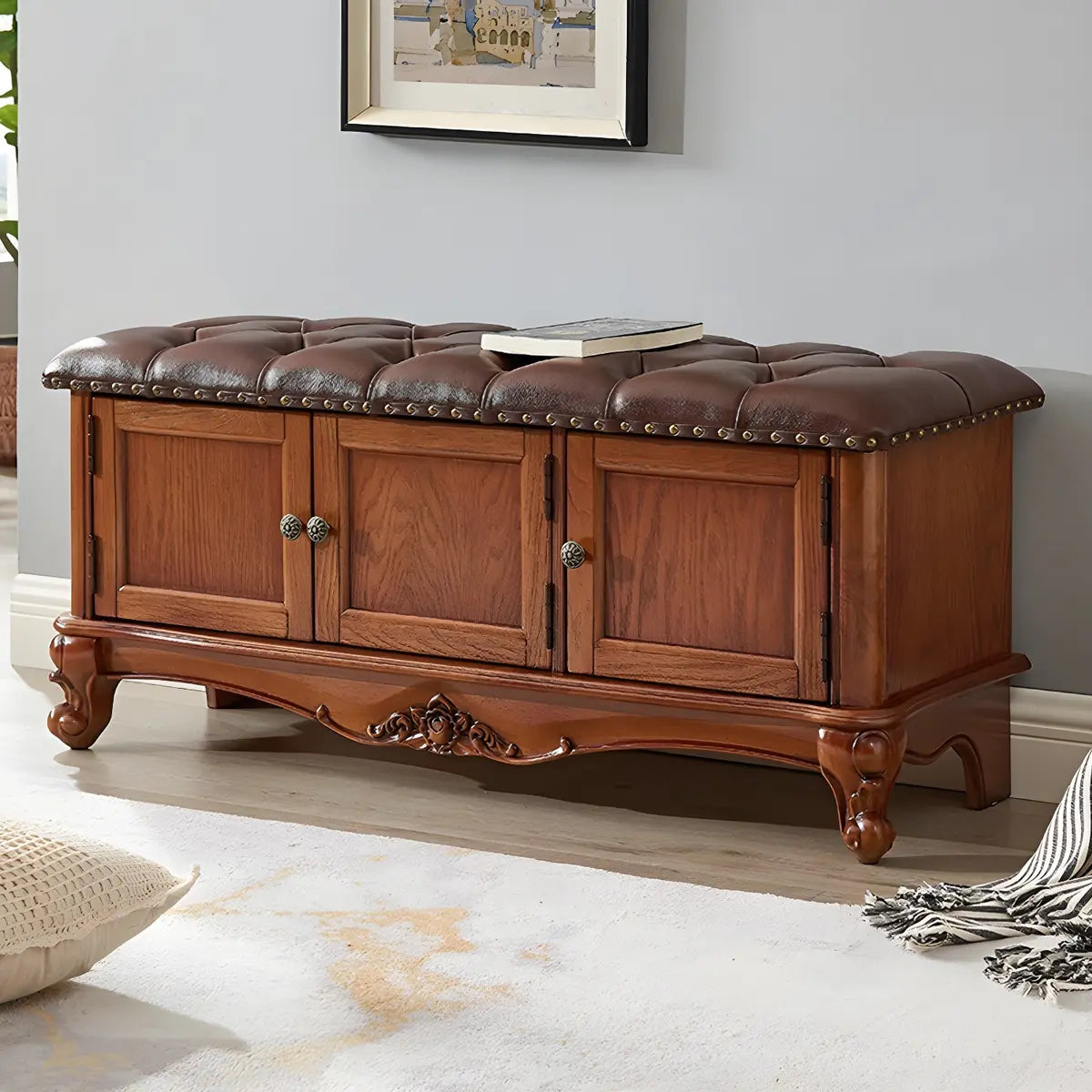 Cherry Wood Tufted Entryway Bench with Cabinets Image - 15
