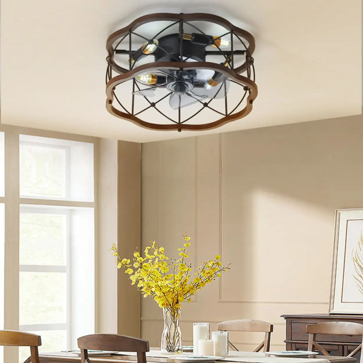 Chic Black Caged Multi-Light Ceiling Fan with Lights Image - 3