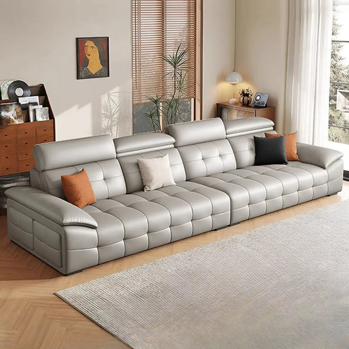 Chic Grey Tear Resistant Leather Pillow Top Arm Sofa Image - 1