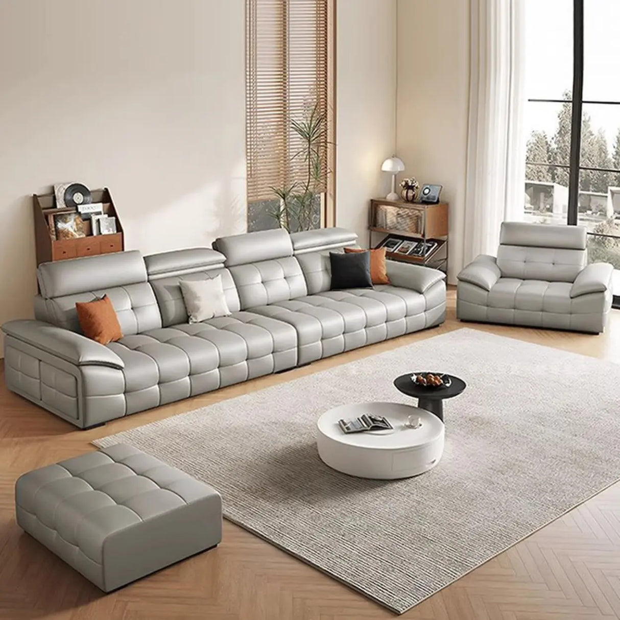 Chic Grey Tear Resistant Leather Pillow Top Arm Sofa Image - 5