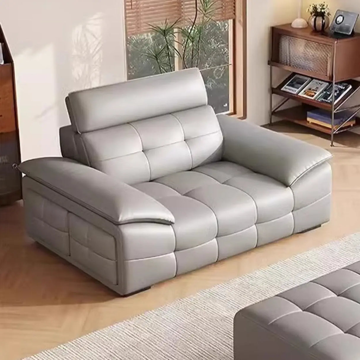 Chic Grey Tear Resistant Leather Pillow Top Arm Sofa Image - 6