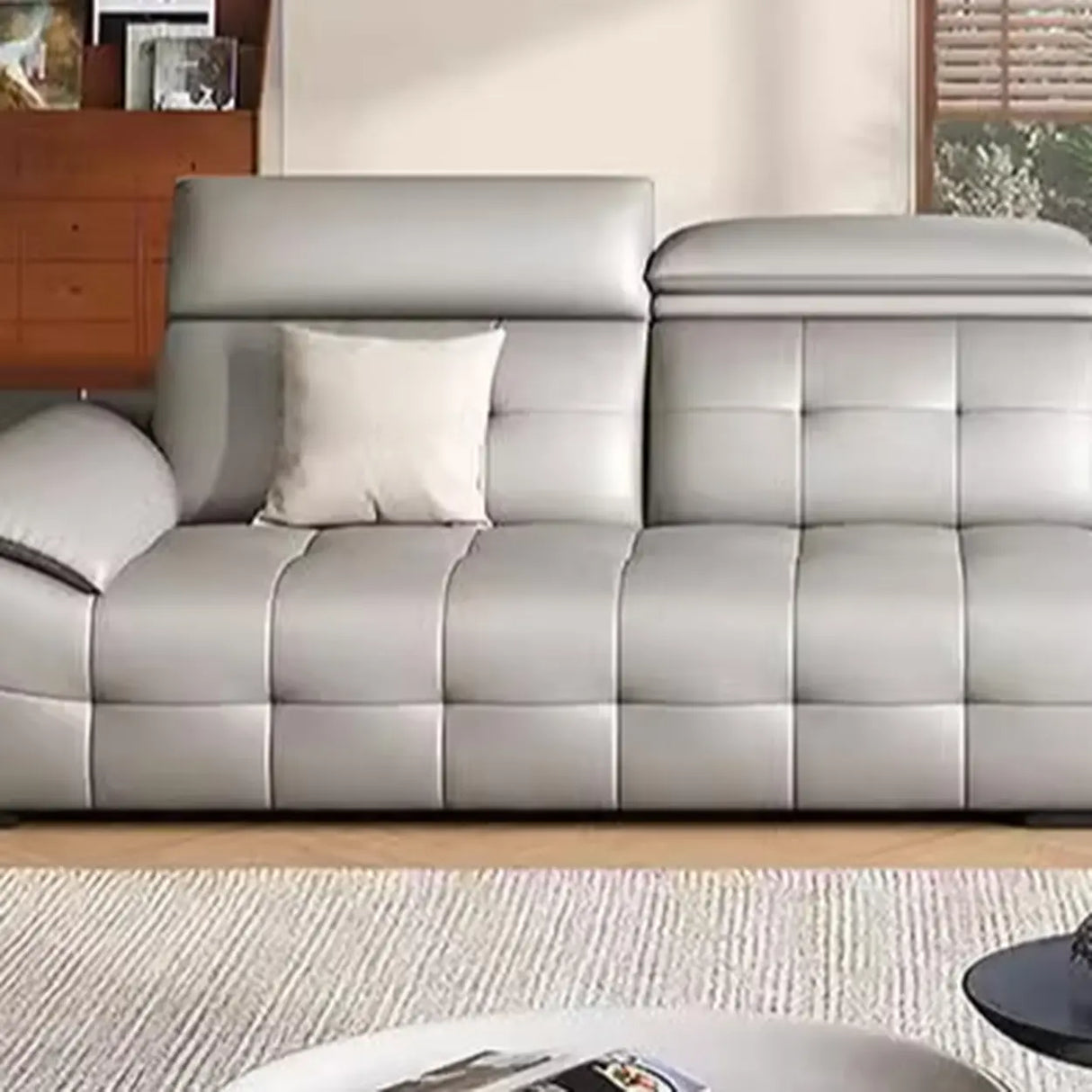 Chic Grey Tear Resistant Leather Pillow Top Arm Sofa Image - 8