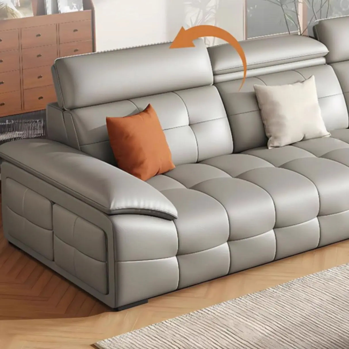 Chic Grey Tear Resistant Leather Pillow Top Arm Sofa Image - 9