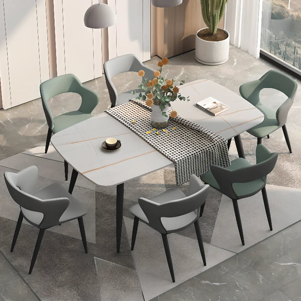 Chic Open Curved Back Faux Leather Armrest Dining Chair Image - 11
