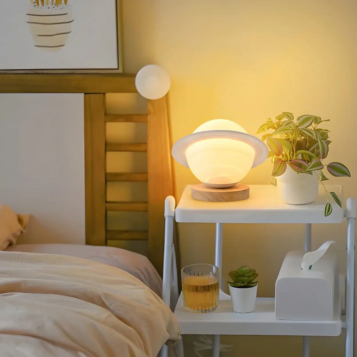 Chic White Wood Saturn Globe LED Bedside Table Lamp Image - 4
