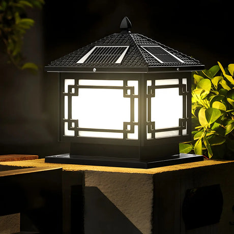 Chinese Vintage Solar Square Metal Outdoor Post Lamp Image - 1
