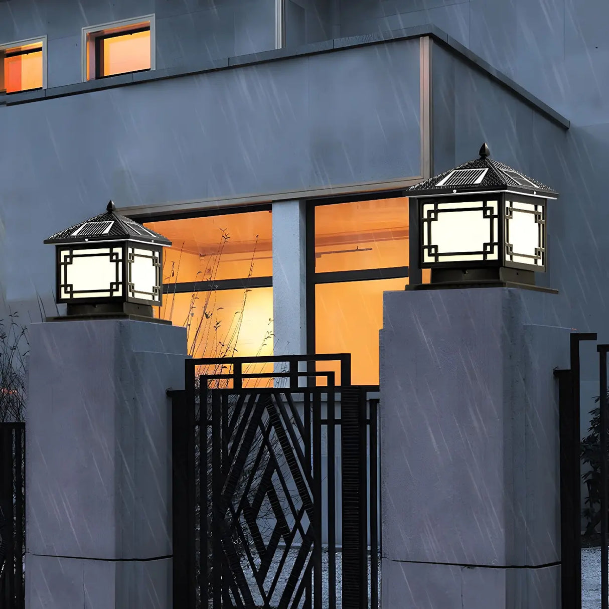 Chinese Vintage Solar Square Metal Outdoor Post Lamp Image - 12